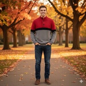 American Eagle Mens Size Large Sweater Red Grey Black Colorblock 1/4 Button Knit